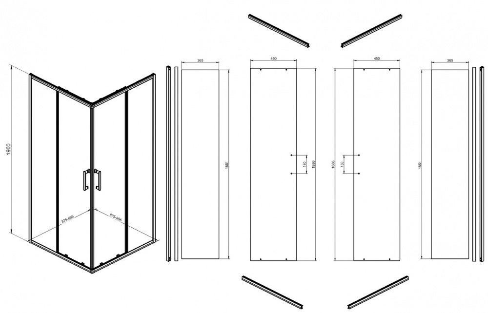 Душове огородження квадрат розсув. PURE 90х90х190 см, скло проз 5мм, проф хром алюм