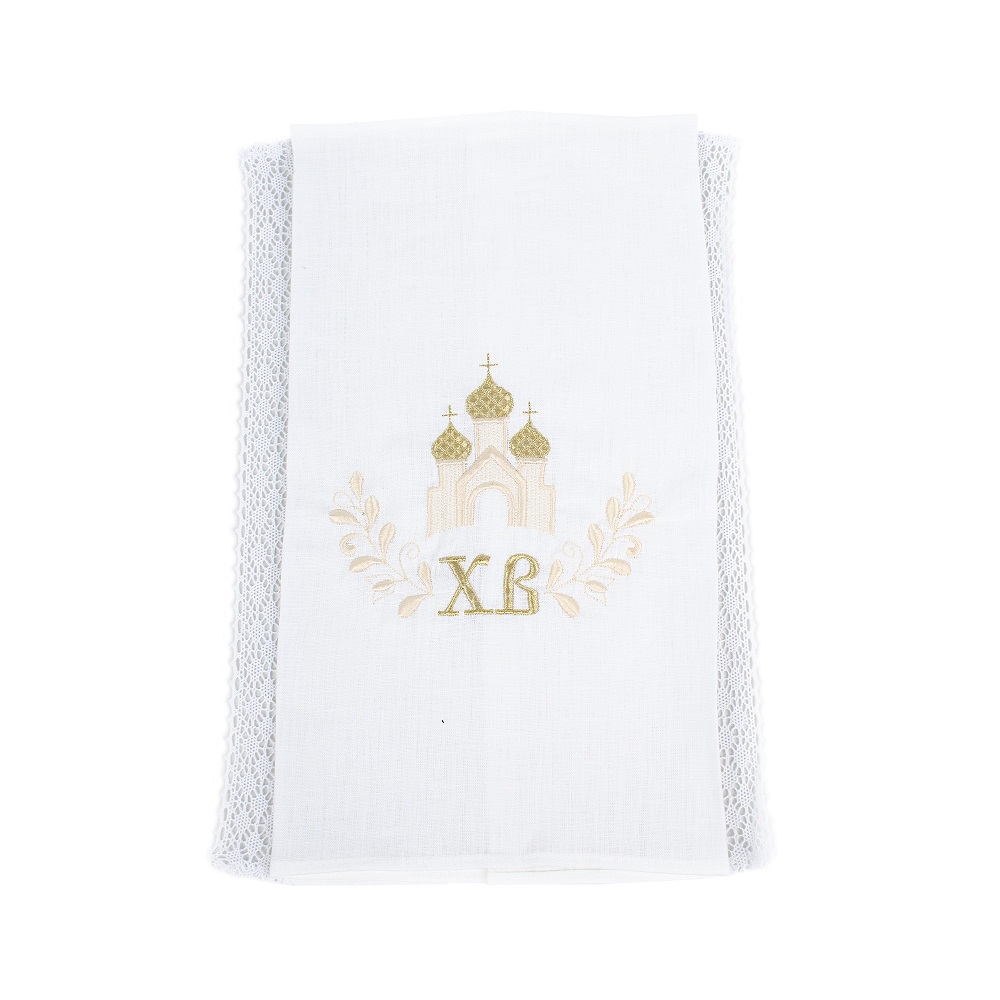 Рушник великодній з мереживом Церква 40x75 см білий із золотим