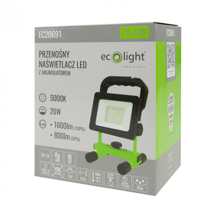 Фонарь прожекторный Ecolight LED EC20691 20W 5000К 4400MAh 1600 Lm черныйзеленый