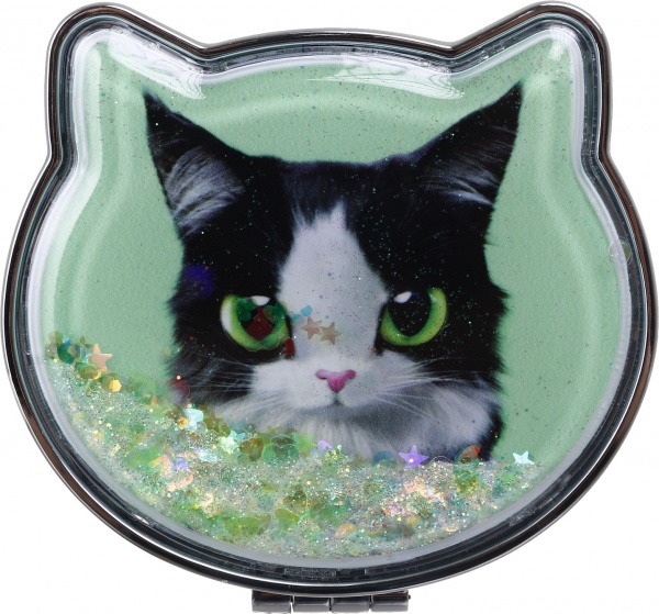 Зеркало карманное косметическое Лідер Канц Котик с сыпучими блестками фигурное 12 вариантов в ассортименте 