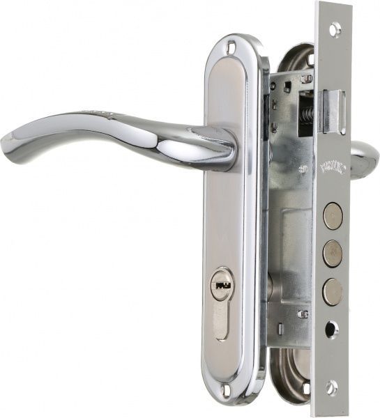 Ручка на планке Bruno + механизм 1025 + цилиндр 60 мм 49778 цилиндрический 62 мм матовый никель/хром