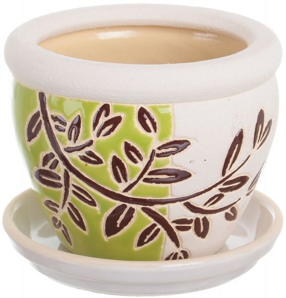 Горшок Viet Thanh Ceramic с блюдцем веточка 16х13 см VT.11004-3 круглый белый с салатовым 