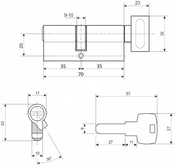 Цилиндр Apecs EM-70-C-NI (CIS) 35x35 ключ-вороток 70 мм хром