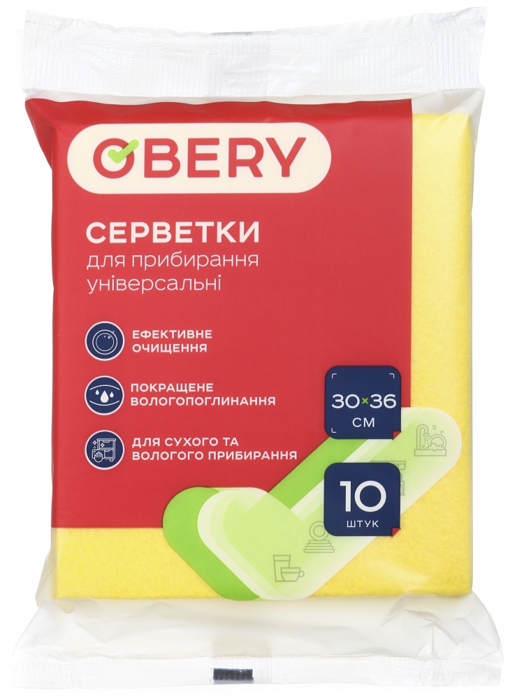 Набір серветок універсальних OBERY для прибирання 30x36 см 10 шт./уп.
