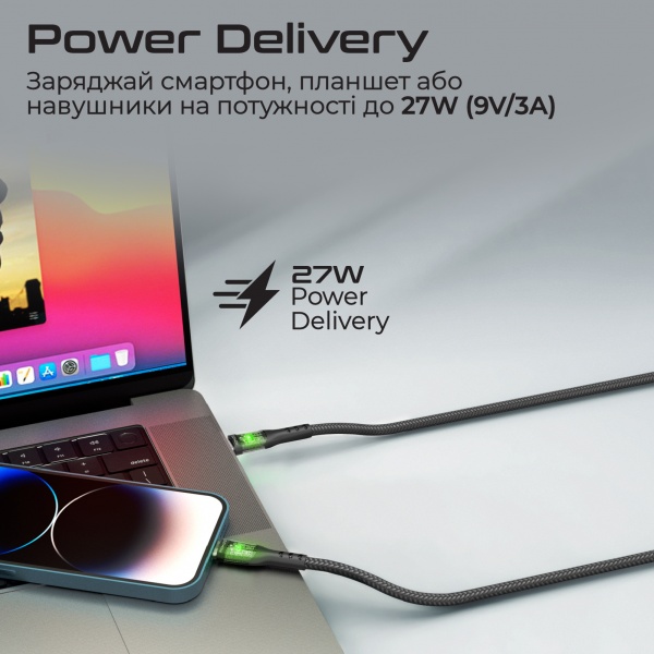 Кабель Promate TransLine-Ci USB-C to Lightning 27W Power Delivery 1,2 м чорний (transline-ci.black) 