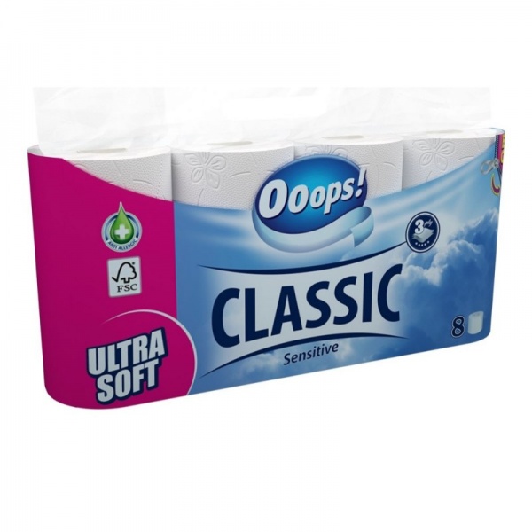 Туалетний папір Ooops! Classic Sensitive тришаровий 8 шт.