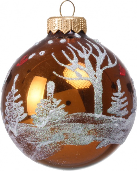 Куля новорічна з простим пейзажним малюнком d 80 мм помаранчевий