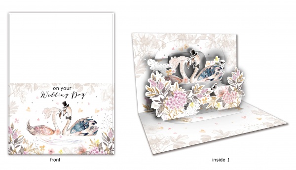 Открытка поздравительная POP-UP с 3D-рисунком всредине и конвертом Свад.лебеди