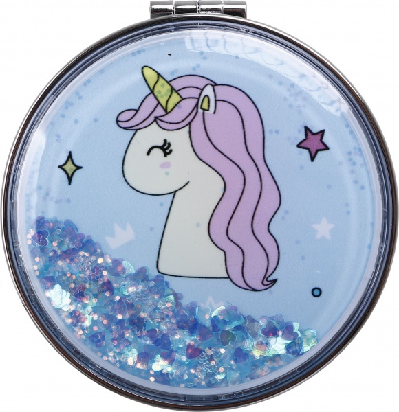 Зеркало карманное косметическое Лідер Канц Единорог с сыпучими блестками круглое 12 вариантов в ассортименте 
