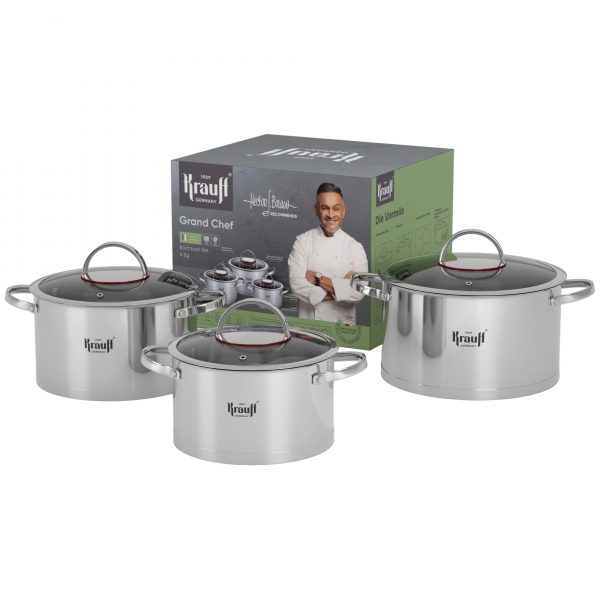 Набор кастрюль 6 предметов Grand Chef 1,9/2,6/3,6 л 26-308-005 Krauff