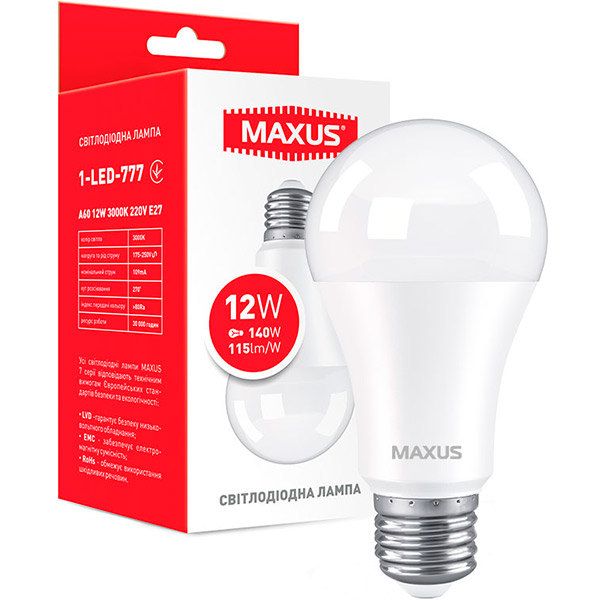 Лампа светодиодная Maxus 12 Вт A60 матовая E27 220 В 3000 К 1-LED-777 