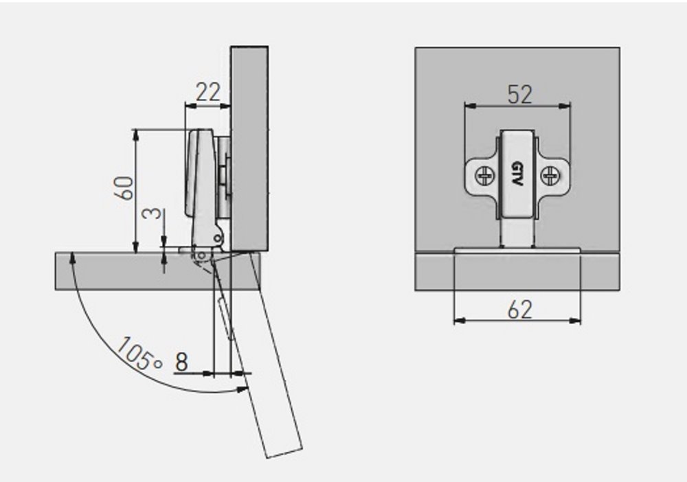 Петля накладна GTV 105° slide-on самовідкривна tip-on push to open (зворотня пружина) ZP-POH045BEO
