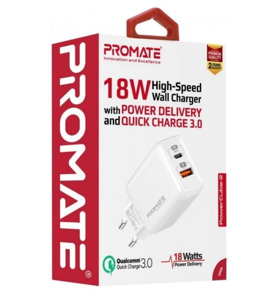 Зарядное устройство Promate PowerCube-2 18Вт Type-C PD + USB QC3.0 White