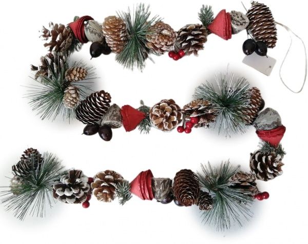 Гірлянда декоративна для дому 1,2м з хвоєю, квітами, ягодами і шишками 