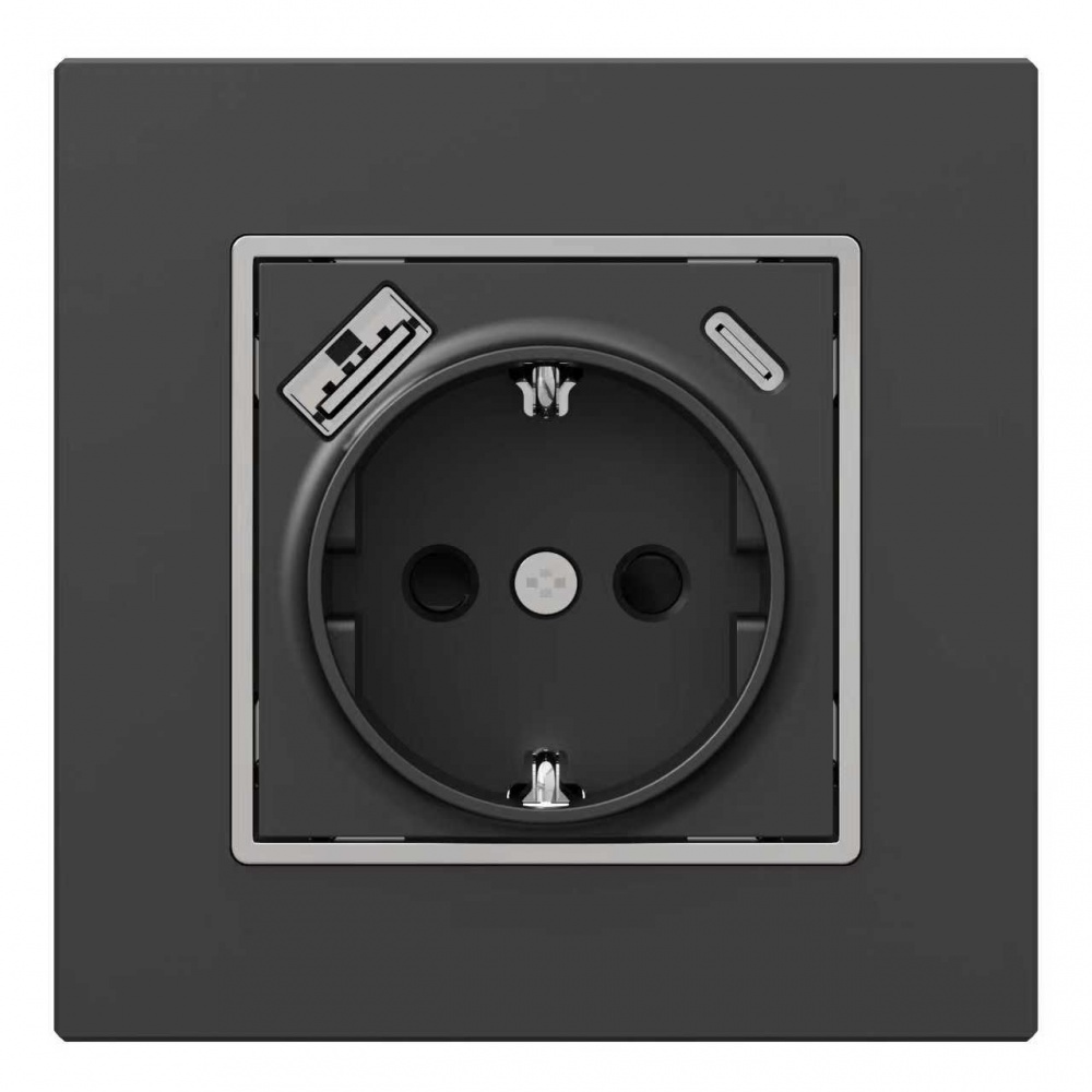 Механізм розетки побутова + USB + Type C із заземленням HausMark Alta IP20 чорний