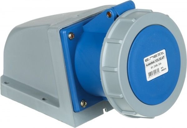 Розетка силовая стационарная с заземлением E.NEXT e.socket.124.32.67, 3п., 400В, 32А , IP 67 серый с синим i082010