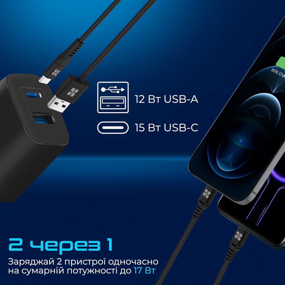 Сетевое зарядное устройство Promate BiPlug-QC3 18W 2хUSB-A