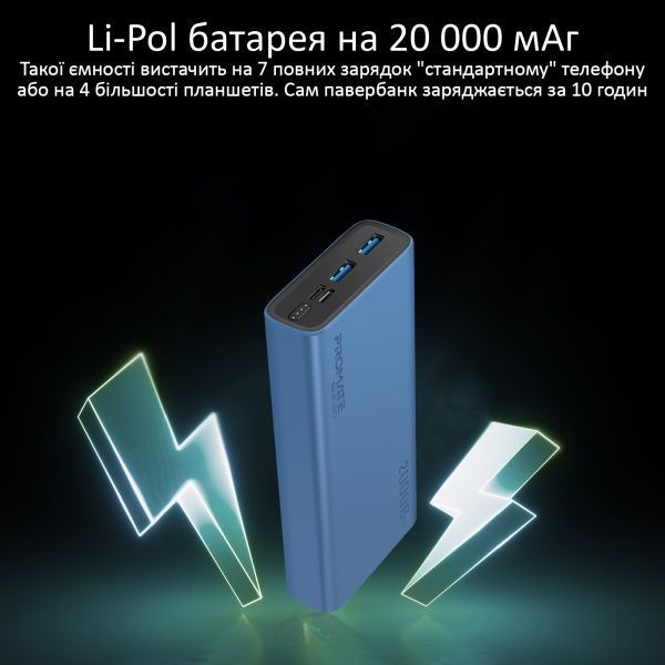 Внешний аккумулятор (Powerbank) Promate Bolt-20 10Вт 2xUSB 20000 mAh blue (bolt-20.blue) 