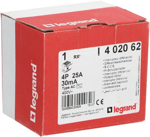 Дифференциальное реле Legrand RX3 30 мА 25 А 4p AC 402062