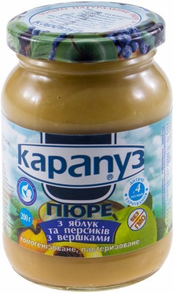 Пюре Карапуз Яблоко и персик со сливками 200 г 4820012000135  