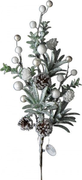 Декорация новогодняя Ветка с листьям снежками шишками заснеженная 73 см EPI-SA1385S4 