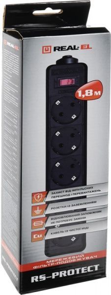 Фільтр-подовжувач Real-el RS-PROTECT із заземленням 5 гн. чорний 1,8 м RS-PROTECT 1.8m, black (REAL-E 