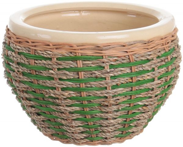 Горшок Viet Thanh Ceramic с блюдцем плетеный 23х16 см VT.11342-2 круглый бежевый с зеленым 