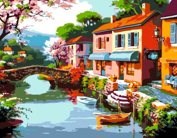 Набір, техніка акриловий живопис за номерами Будиночки вздовж річки 35х45 см Rosa Start 