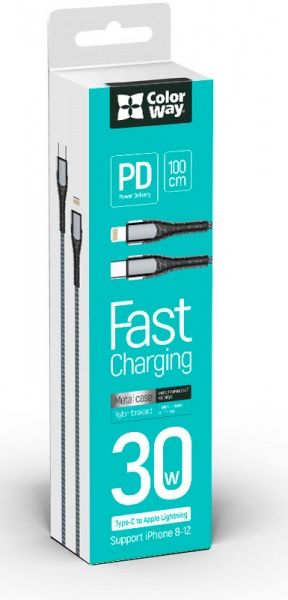 Кабель ColorWay Type-C - Apple Lightning (PD Fast Charging) 1 м сірий (CW-CBPDCL033-GR) 