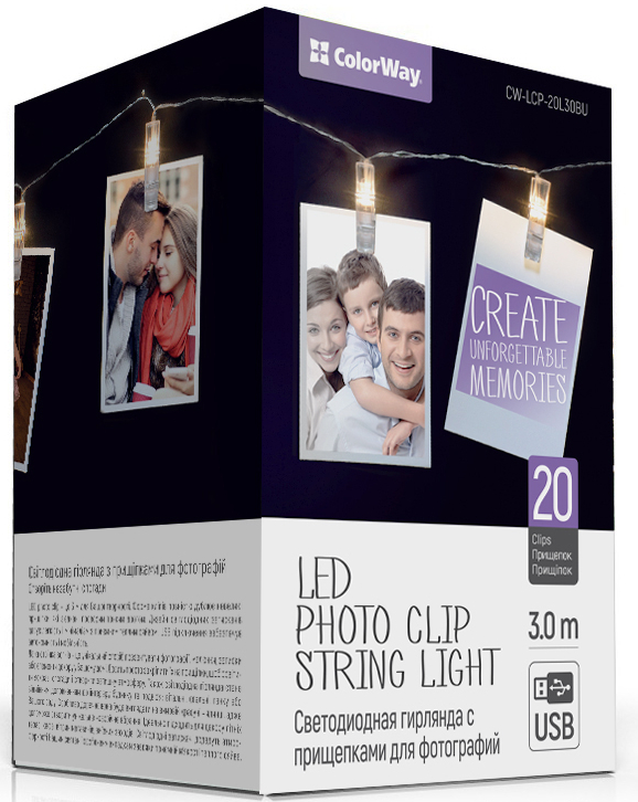 Гирлянда светодиодная ColorWay с прищепками для фото светодиодная (LED) 30 ламп 3 м (CW-LCP-20L30BU)