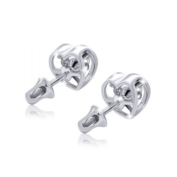 Серьги-пусетты UMa&UMi Сердце большое с танцующим бесцветным камнем