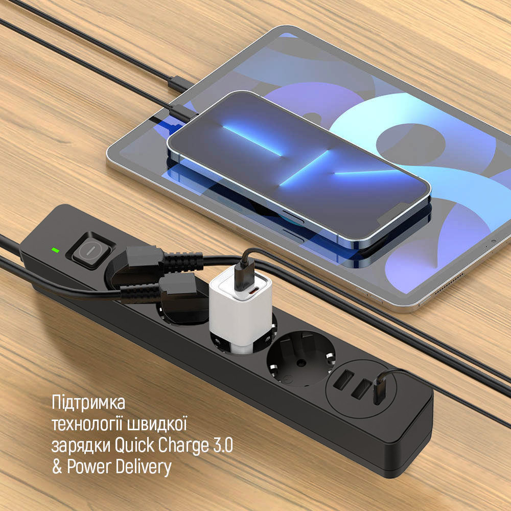 Сетевой фильтр ColorWay 3USB (2USB-A +1 TYPE-C) (24W) с заземлением 4 гн. черный 5 м CW-CHE435PDB