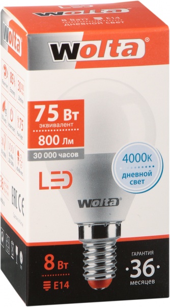 Лампа светодиодная Wolta 8 Вт G45 матовая E14 220-240 В 4000 К 25S45GL8E14 