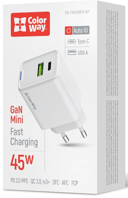 Мережевий зарядний пристрій ColorWay GaN Mini 45W PD Port PPS USB (Type-C PD + USB QC4.0) білий (CW-CHS060PD-WT)