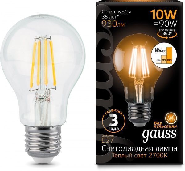 Лампа светодиодная Gauss FIL Step Dim A60 10 Вт E27 2700 К 220 В прозрачная 102802110-S 