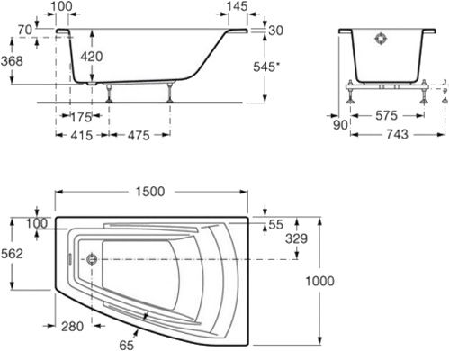 Ванна акрилова ROCA Hall 150x100 з ніжками і підголовником) права, A248165000 
