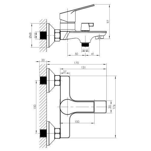 Смеситель для ванны Imprese WITOW с душовым гарнитуром, хром