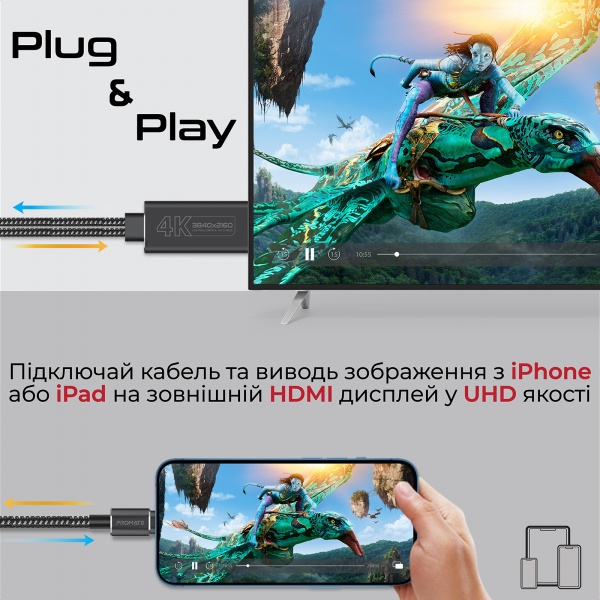 Кабель Promate MediaLink-LT Lightning to HDMI/USB-A 1.8 м 1,8 м чорний (medialink-lt.black) 