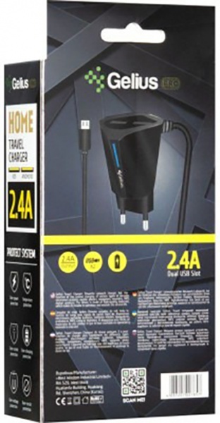 Мережевий зарядний пристрій Gelius Pro Edition 2USB + USB кабель MicroUSB (2.4A) Чорний 