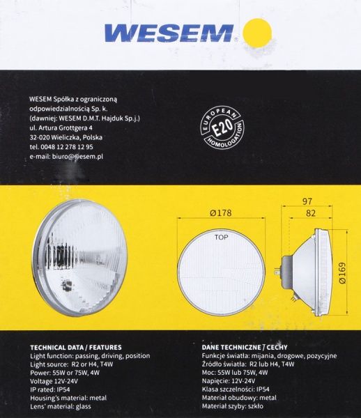 Лампа галогенная WESEM дальнего света, RE.12413 (с отражателем), Ø178мм, 1шт