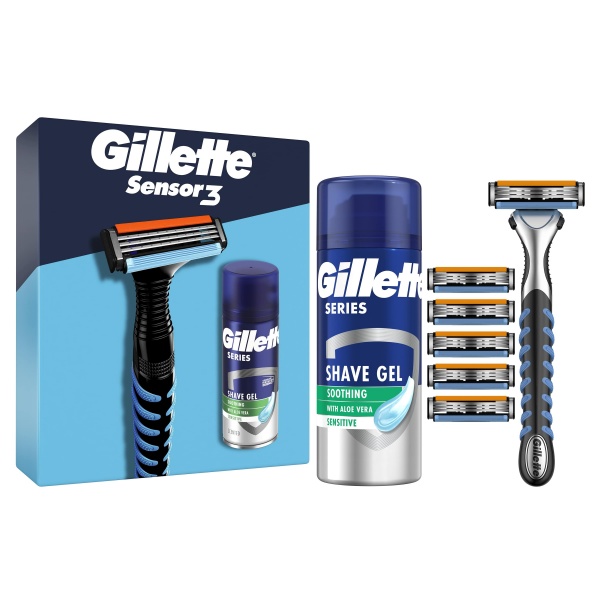 Подарочный набор для мужчин Gillette Бритва Sensor3 + 5 сменных картриджей + Гель для бритья Series 75 мл