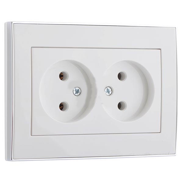 Розетка подвійна без заземлення Lezard Rain без шторок білий із хромованою вставкою 703-0225-128B