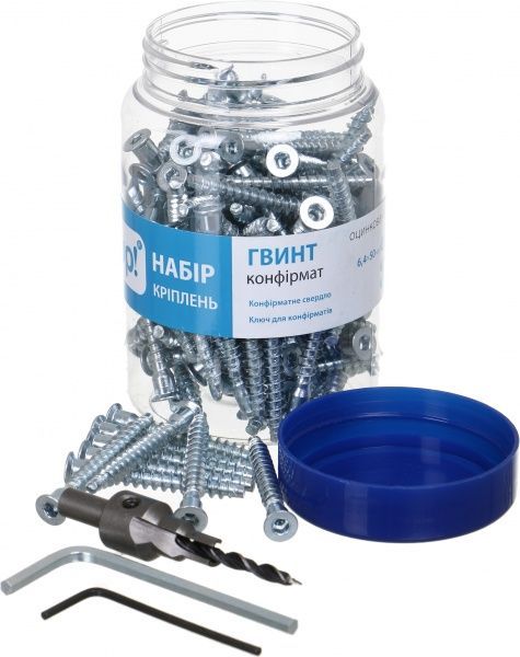 Набір гвинт конфірматний 6,4х50 - 100шт., конфірматне свердло 6,4х50 - 1шт., ключ для конфірмату - 1шт.