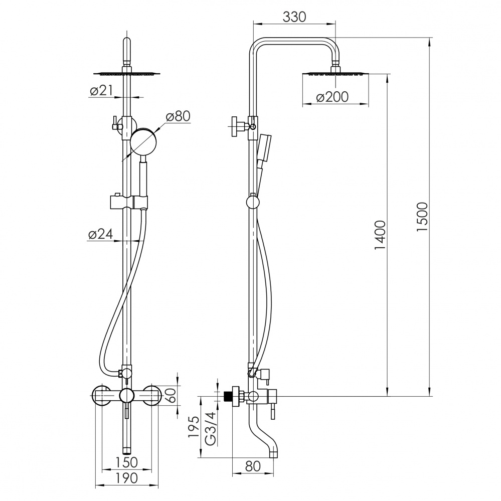 Душевая система RJ LUX SS (смеситель для ванны, душ d200 мм, лейка 80 мм 1 режим, шланг 1500 мм SS), сталь