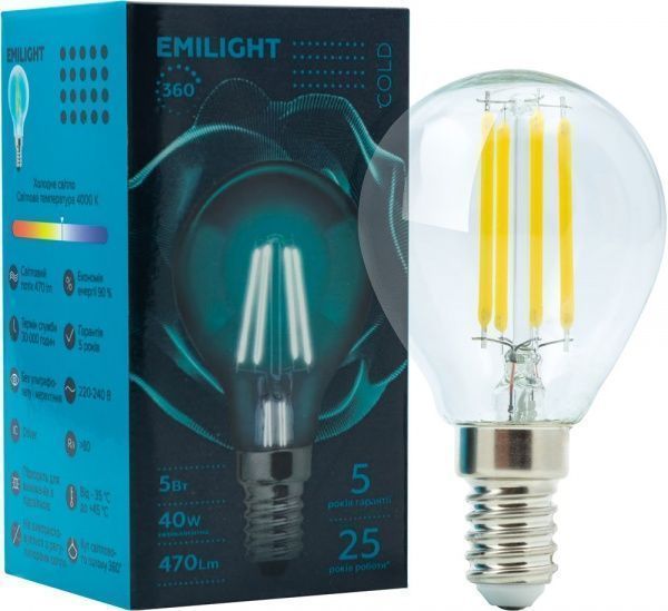 Лампа світлодіодна Emilight FIL G45 5 Вт E14 4000 К 220 В прозора 