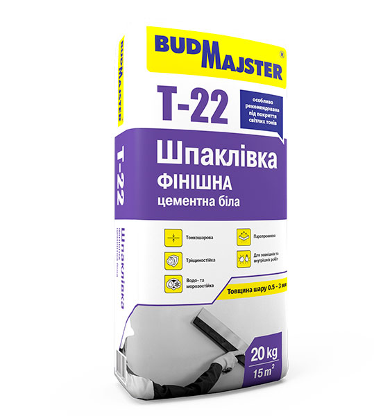 Шпаклівка BudMajster Т-22, фінішна, цементна біла, 20кг