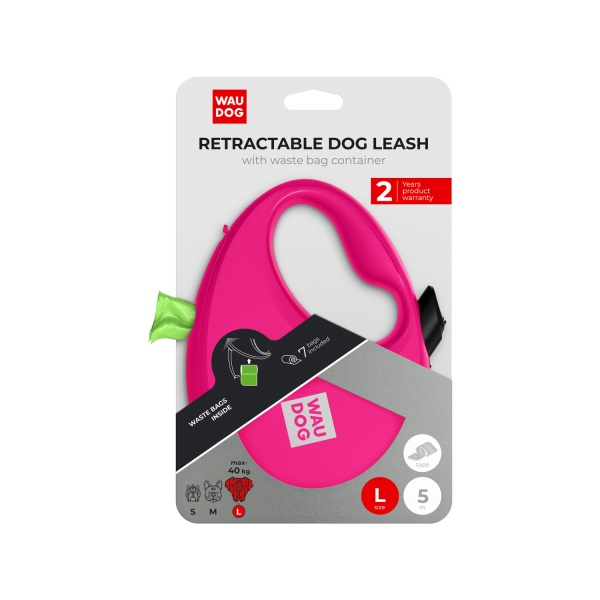 Поводок-рулетка Waudog R-leash с контейнером для пакетов L до 40 кг 5 м розовый