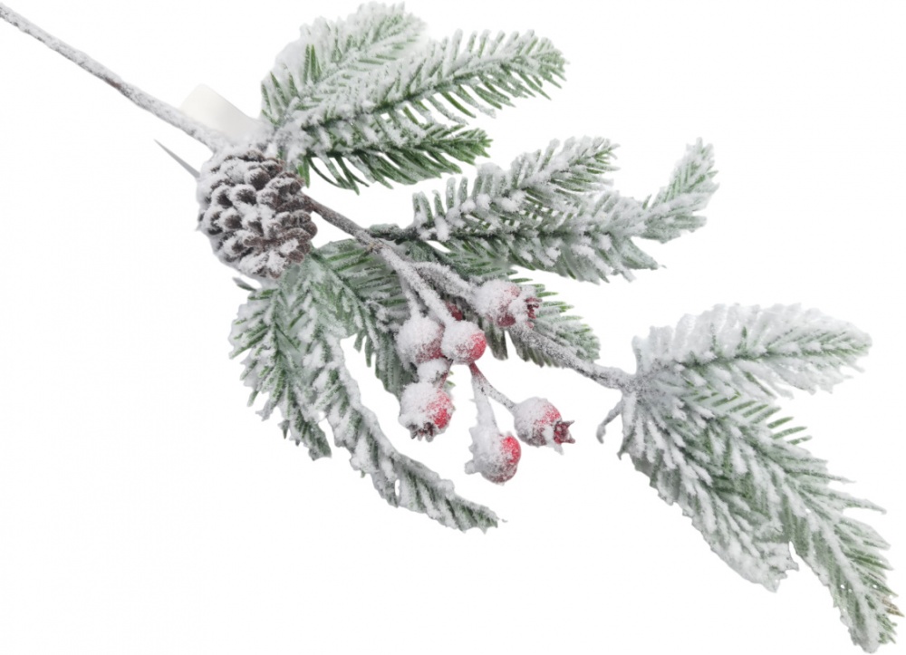 Декорація гілка хвойна з шишкою та ягодами засніжена 50 см EYK22-907