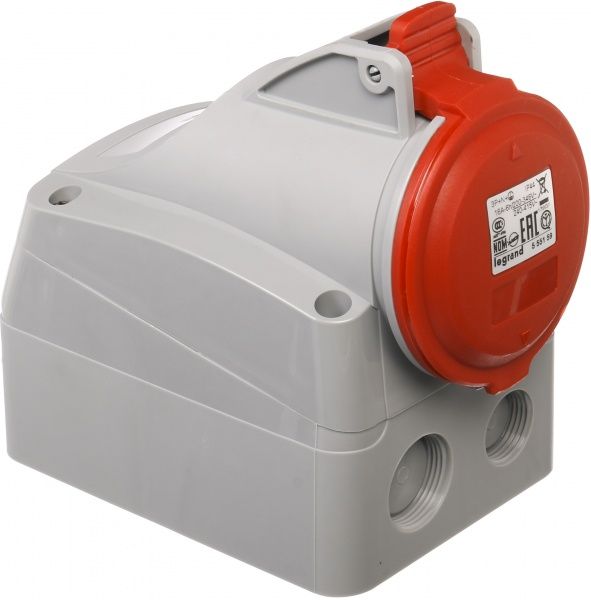 Розетка наружной установки с заземлением Legrand 16A 3К+Н+З 415В IP44 серый с красным 555159