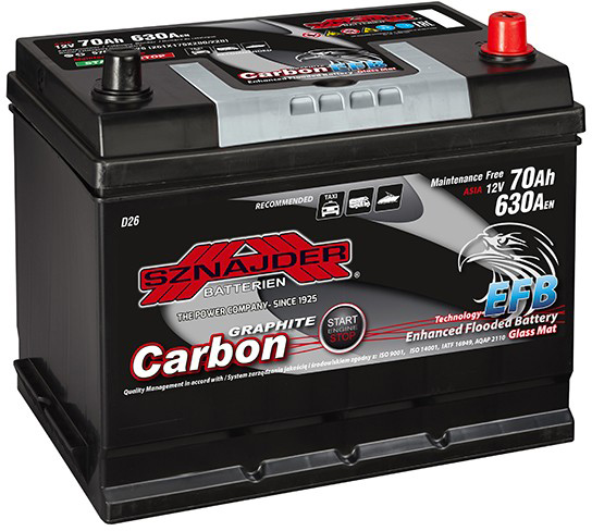 Акумулятор автомобільний SZNAJDER Carbon Start Stop EFB Asia 70Ah 630A 12V D26 (570 46) «+» праворуч